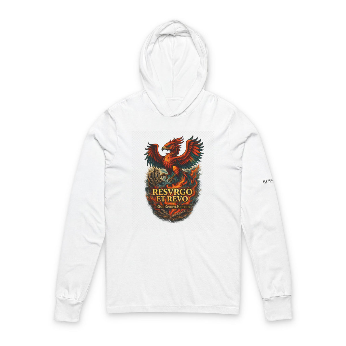 Phoenix Crest Hooded Long Sleeve Tee -Resvrgo et Revevo" Vintage Revival Graphic