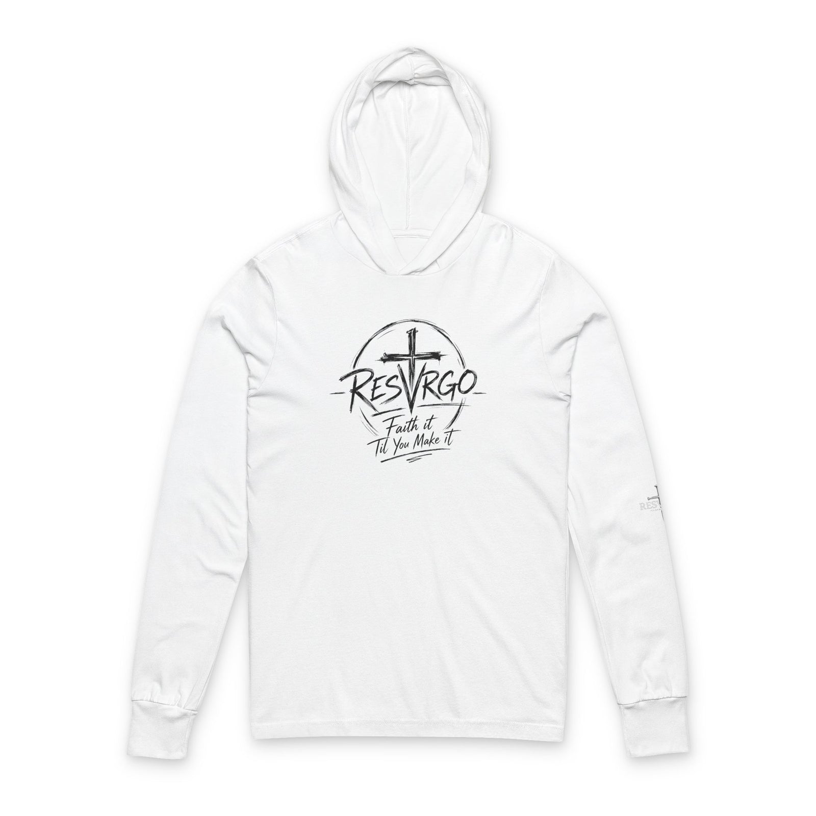 Resurgo Faith Hooded Long Sleeve Tee – Christian Cross 'Resurgo' Spiritual Shirt